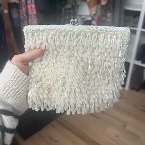 Small ivory vintage beaded clutch purse